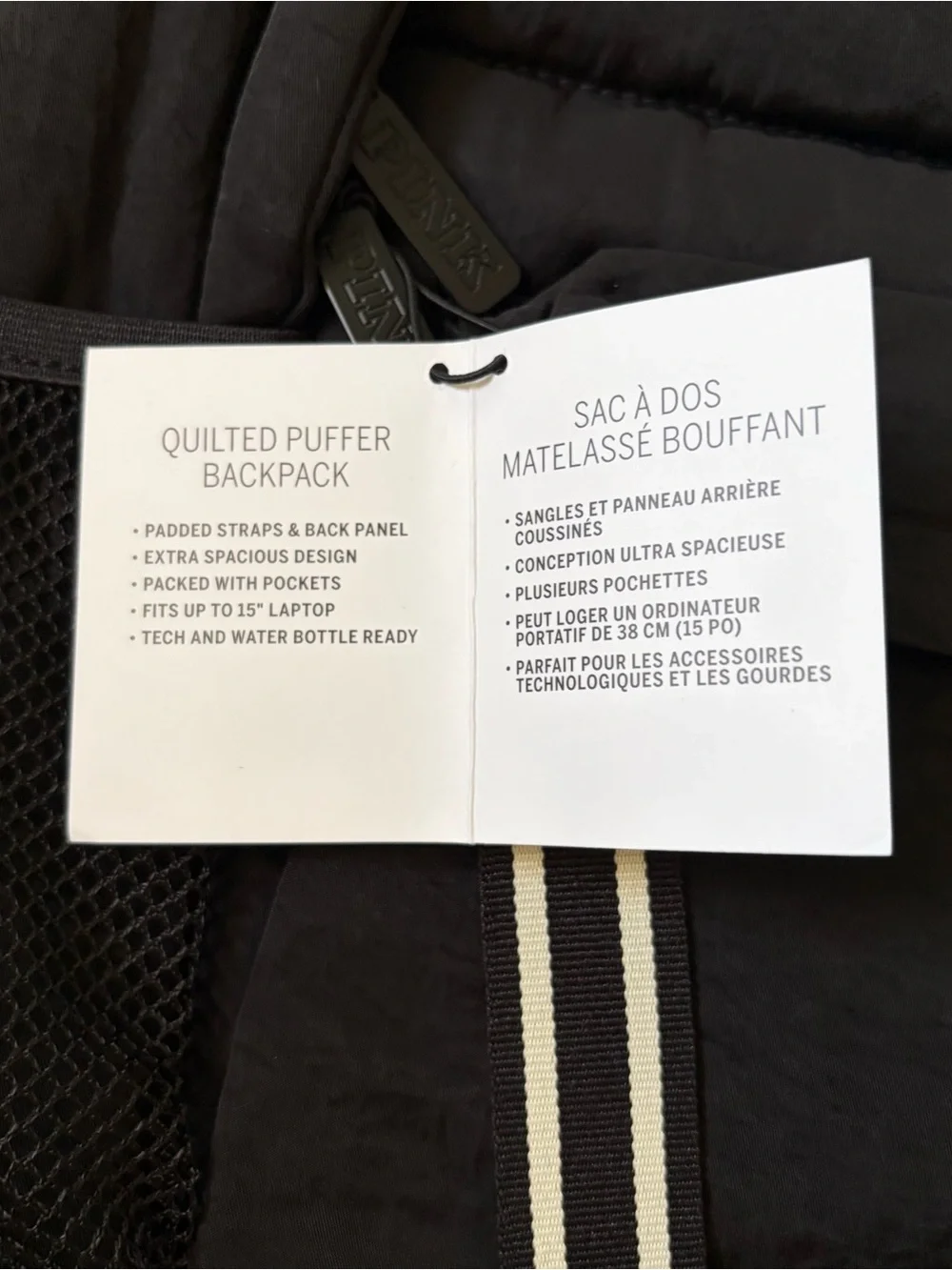 PINK Victoria's Secret Black Quilted Puffer Backpack with Stripe Accent